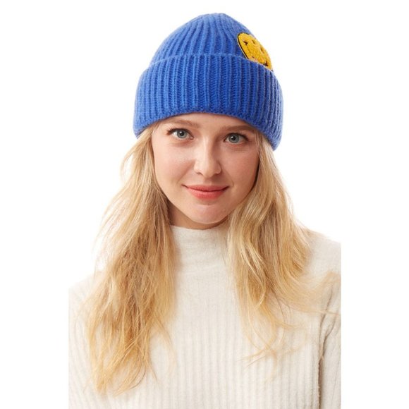 NEW Smile Smiley Happy Face Patch Cozy Soft Rib Knit Beanie Hat Ivory Black Gray - Picture 13 of 14